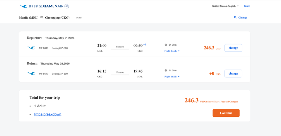 Here's a sample booking for Manila-Chongqing via Xiamen Airlines